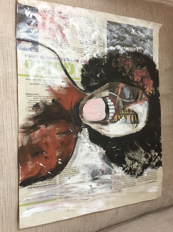 Scream People Art Acrylic on Newspaper Portrait Black Woman Face 29x37cm Beautiful Gift Ideas 15"x11"