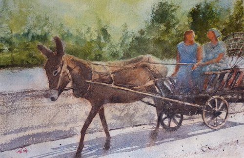Scena d'epoca / vintage scene - carro trainato da un mulo / cart pulled by a mule by Tollo Pozzi