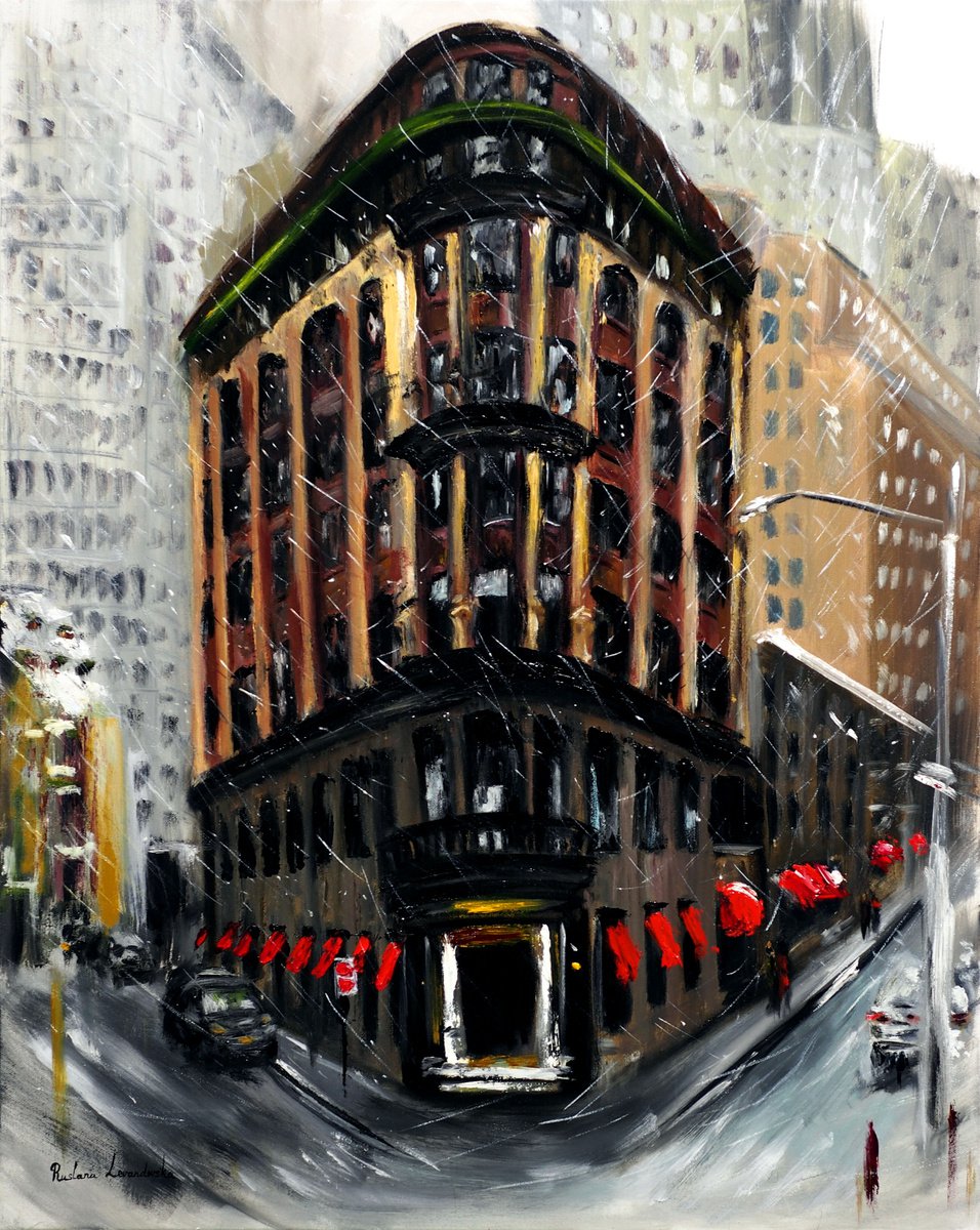 Impressionistic Cityscapes Oil Painting By Ruslana Levandovska, 24 X 30", Snow In New York City, Wall Street, Original Artwork