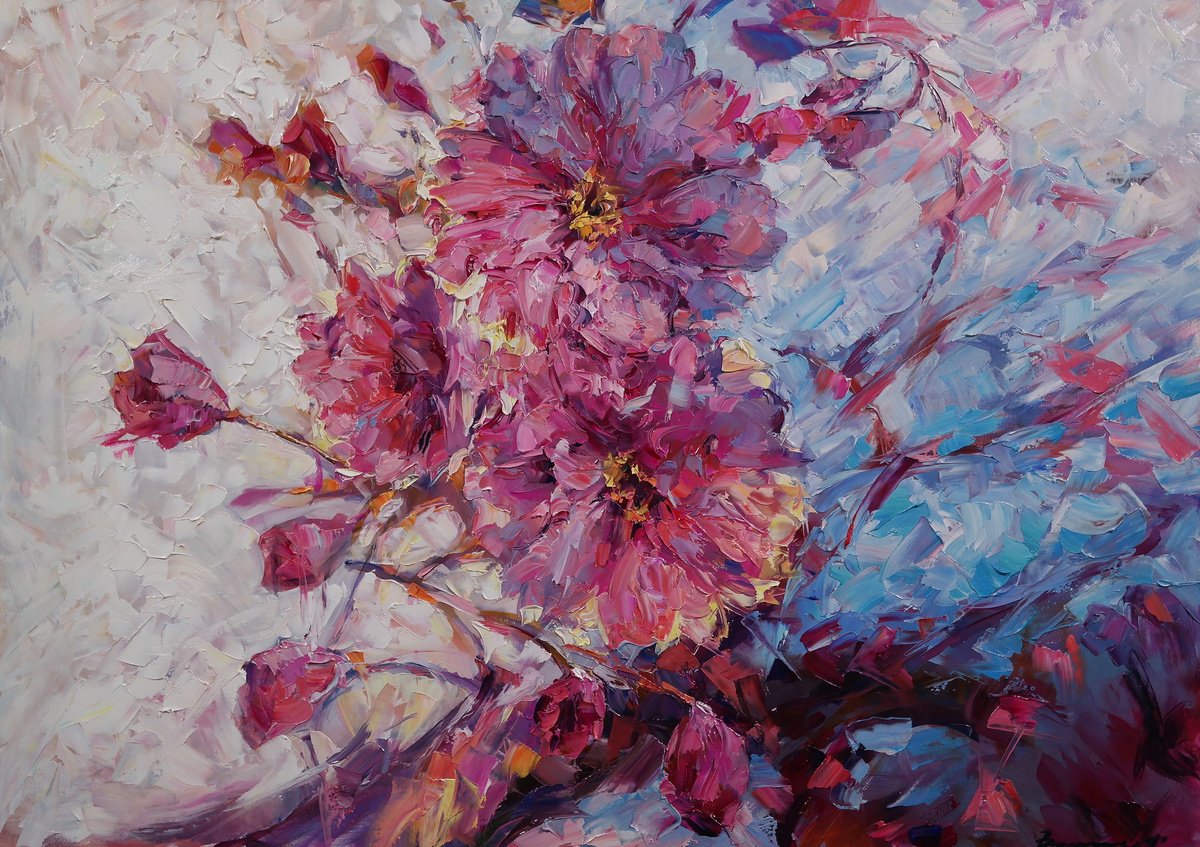 Impressionistic Botanical Oil Painting By Gennady Vylusk, 28 X 20, Bloom, Original Artwork