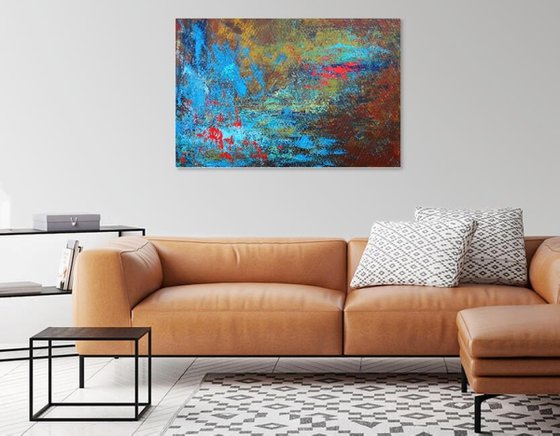 Large Blue Brown Red Abstract Landscape Painting. Modern Textured Art. Abstract. 61x91cm.