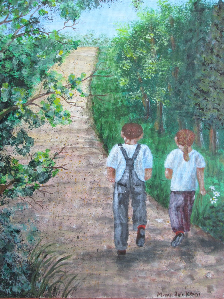 Children walking in the park. Original acrylic painting by MARJANSART