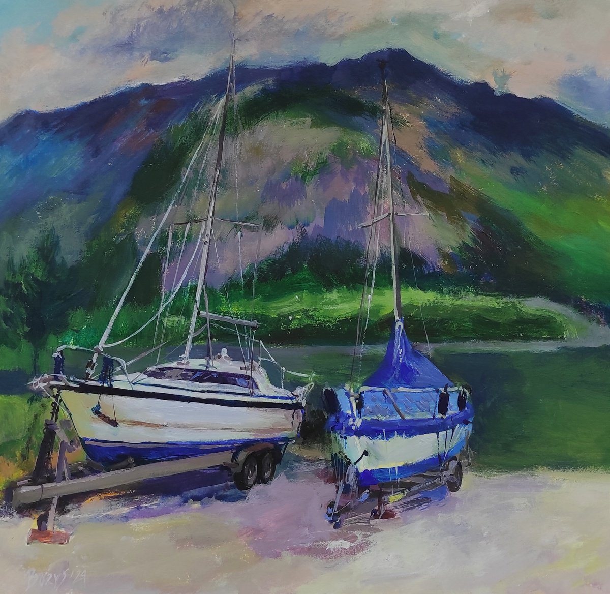 Impressionistic Landscape Acrylic Painting By Tetiana Borys, 11 X 11", Boats In Halstatt, Original Artwork