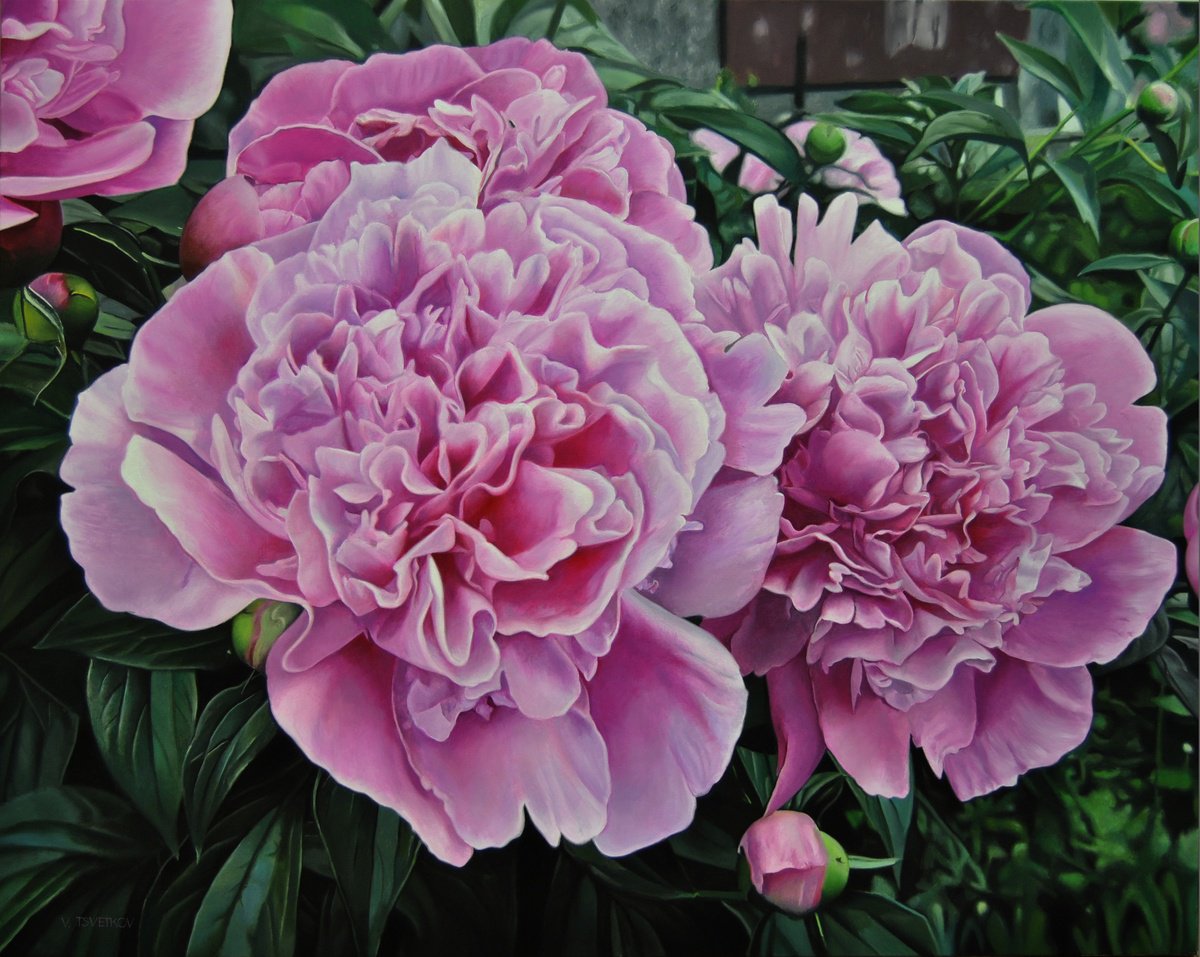 Photorealistic Botanical Oil Painting By Valeri Tsvetkov, 39 X 31", Peonies Iv, Oil On Canvas Art, Original Artwork