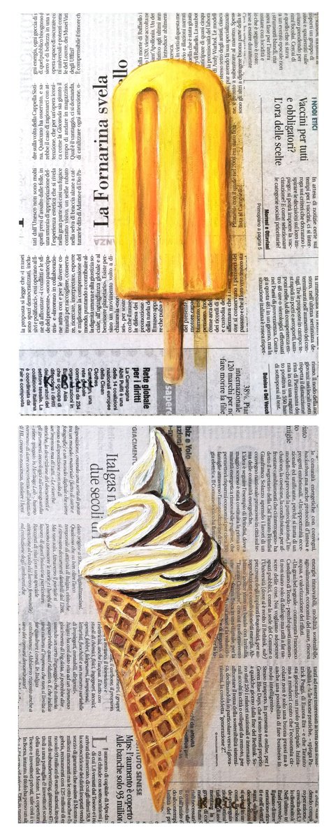 Impressionistic Still Life Oil Painting By Katia Ricci, 7 X 9", Ice Cream On Gazette, Original Artwork