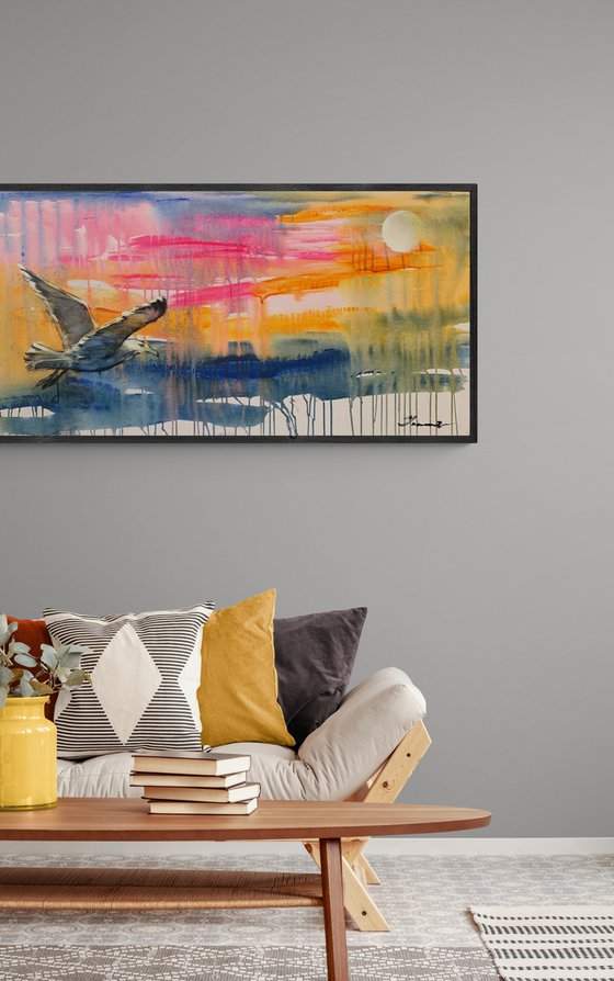 Bright horizontal painting - "Seagull in flight" - Pop Art - Bird - California - Miami - Sea - Ocean - Sunset