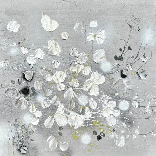 "Silver Fog III” acrylic square artwork with roses 50x50cm by Anastassia Skopp