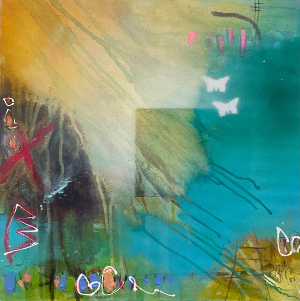 Organic Abstract Painting By Bea Schubert, 16 X 16, Fly Me To The Moon No.2, Original Artwork