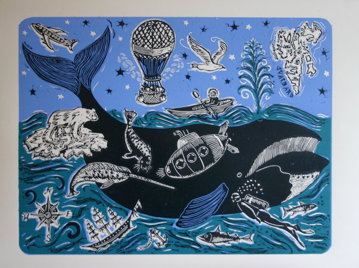 Graphic Linocut , Life & Times Bowhead Whale By Kate Willows, 20 X 15, Artwork For Sale On Artfinder