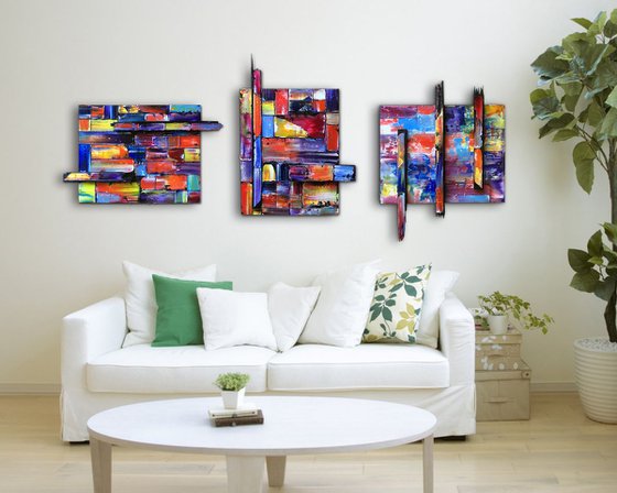 "The Pixel Variations" - FREE USA SHIPPING - Original Triptych PMS Mixed Media Sculptural Paintings On Wood, Framed -  65 x 26 inches