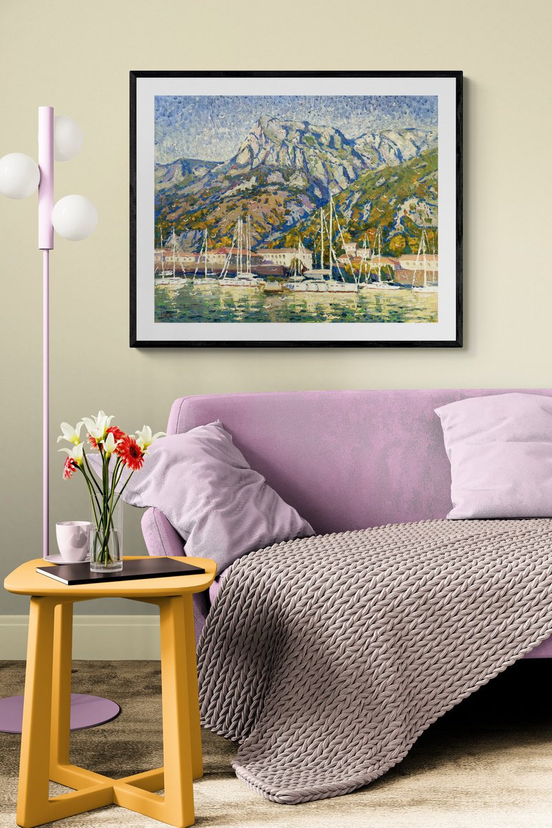 Impressionistic Landscape Oil Painting By Evgeny Chernyakovsky, 31 X 25, Yachts At The Pier, Original Artwork