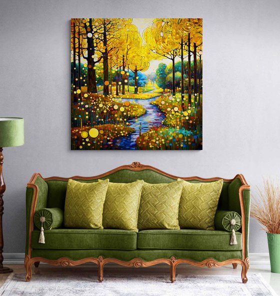 Warm green gold forest and calm river with light reflections and bright sunbeams in Klimt style. Hanging large positive relax colorful wall art for home decor