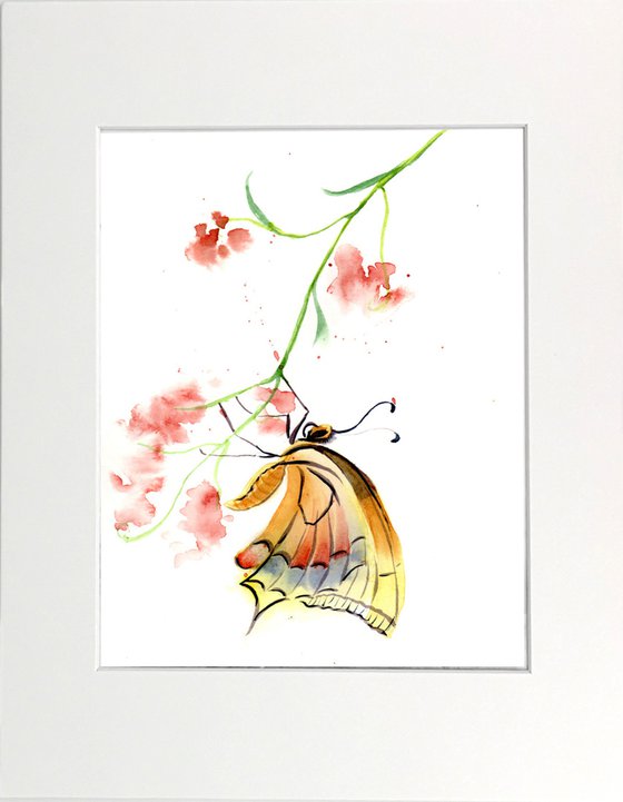 Butterfly and plant -  Set of 2 mounted original watercolor paintings