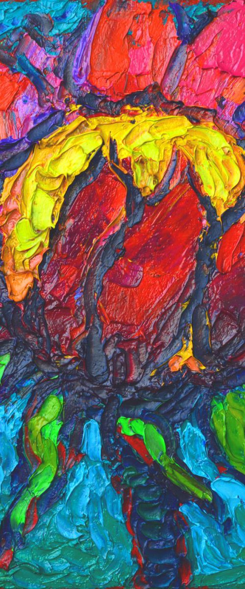 ABSTRACT FLORAL - WINDY RED SUNFLOWER - vibrant palette knife oil painting by ANA MARIA EDULESCU
