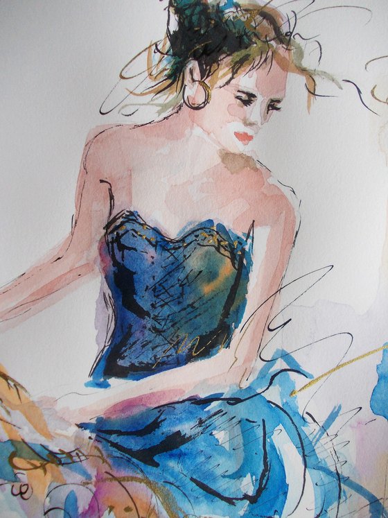 Blue Dress  ΙΙ-Figurative Watercolor on paper