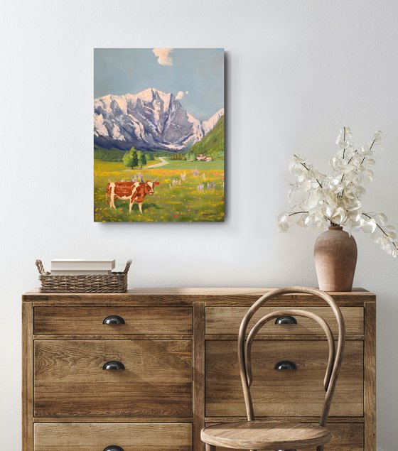 Funny Cow in Switzerland mountains landscape Painting