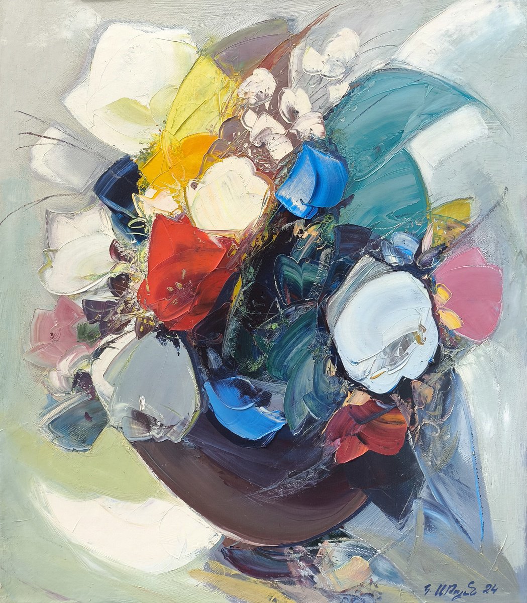 Abstract Botanical Oil Painting By Kamo Atoyan, 28 X 31", The Color Of Petals, Original Artwork