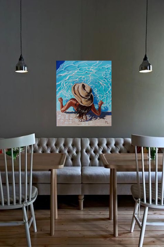 " SWIMMING POOL TIME ... " original painting SEA summer GIFT sea swimming