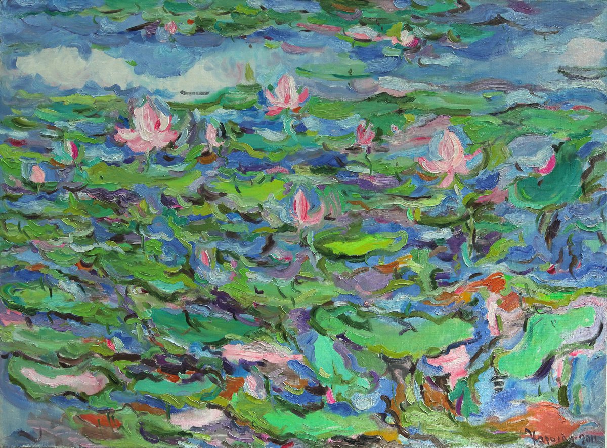 PINK LOTUS - floral landscape, original oil painting, waterscape, water lily pond, waterli... by Karakhan