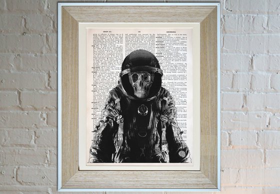 Astronaut Skull - Gothic Collage Art Print on Large Real English Dictionary Vintage Book Page