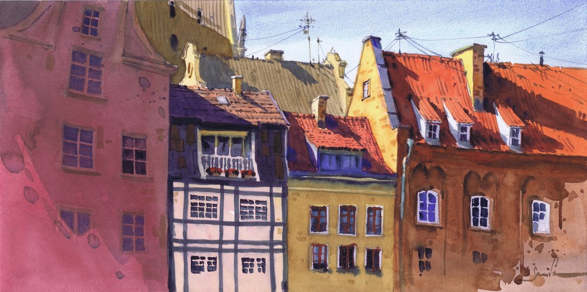 Expressive Cityscapes Watercolour By Samira Yanushkova, 16 X 8", Urban Panorama, Original Artwork