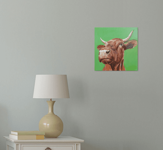 Cow close up painting green background