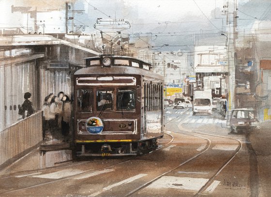 Retro Tram at Station in Kyoto / Sketch