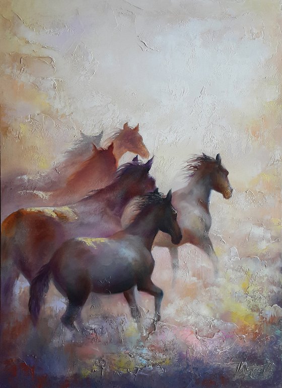 Painting Horses, herd of horses, running horse, landscape