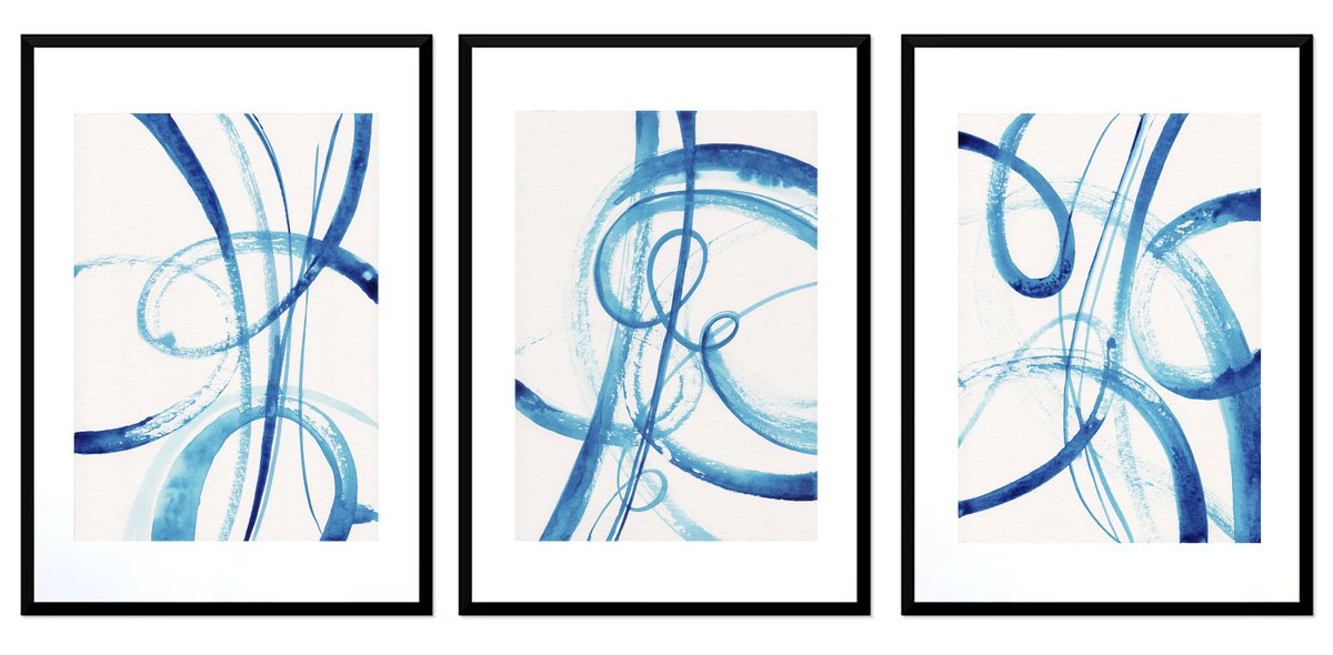 Calligraphy In Blue set of 3 Paintings, watercolor painting on paper, wall art, interior... by Alexandra Dobreikin