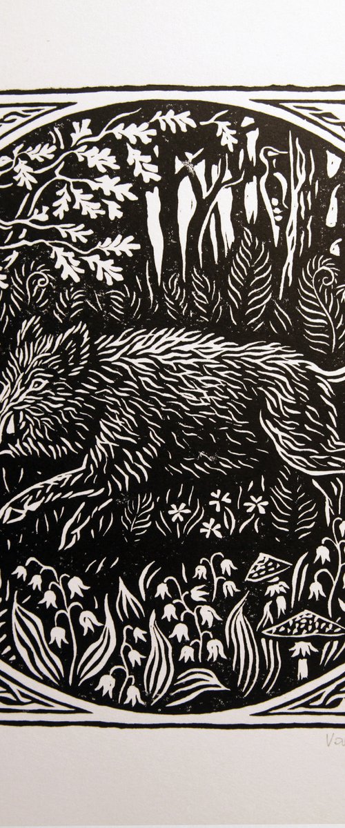 Hog, boar linocut print. by Valdis Baskirovs