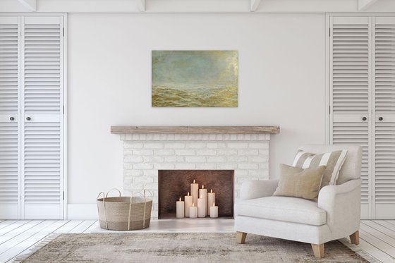 Modern Abstract Heavy Textured Landscape Painting. 61 x 91cm. Contemporary Art. Neutral Tones and Gold Abstract Seascape