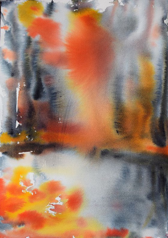 Watercolor painting Abstract landscape Autumn melody