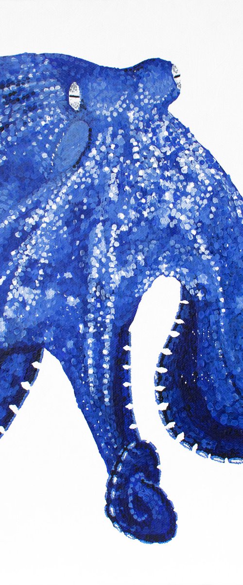 Blue Octopus - pointillism monochrome painting by Kelsey Emblow