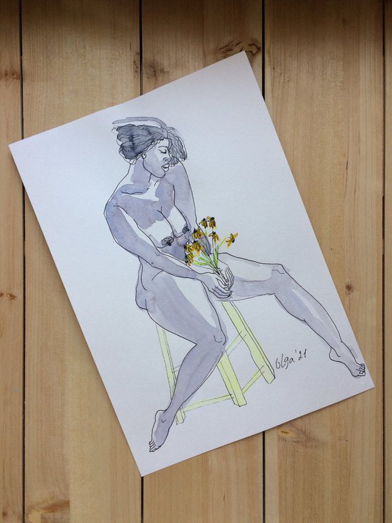 Female nude drawing - Seated nude woman with flowers - Original sensual watercolor - Figure study mixed media (2021)