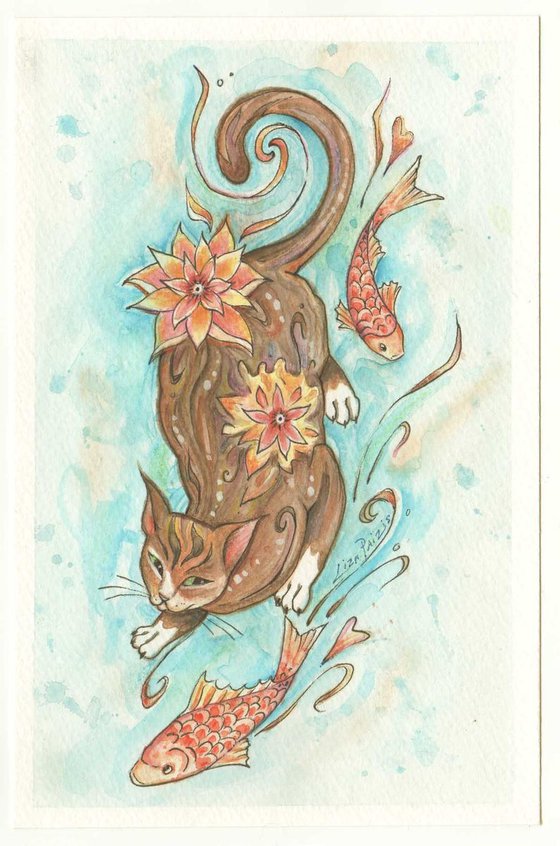 Cat with Koi fish Japanese style original watercolour painting