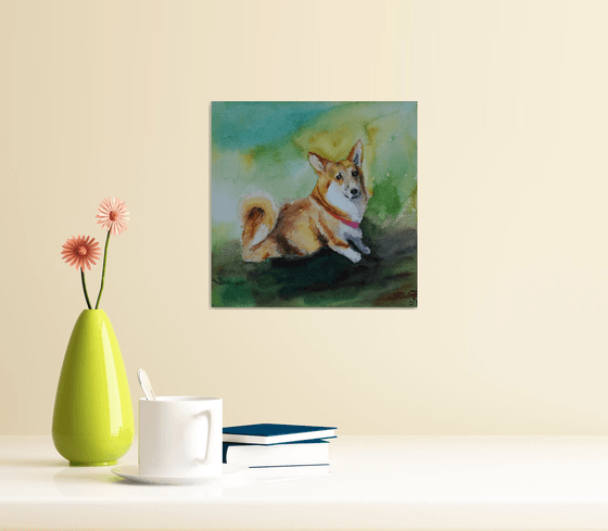 Corgi watercolor painting, dog portrait, animalistic wall art