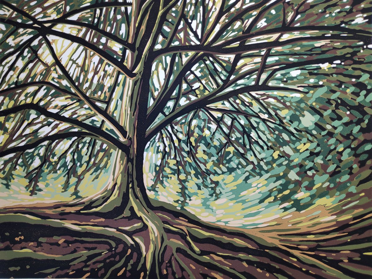Expressive Landscape Linocut By Alexandra Buckle, 18 X 14, Evergreen, Original Artwork