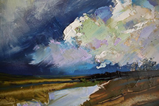 Storm Coming II Landscape, Oil Painting, Sky, Clouds, River.