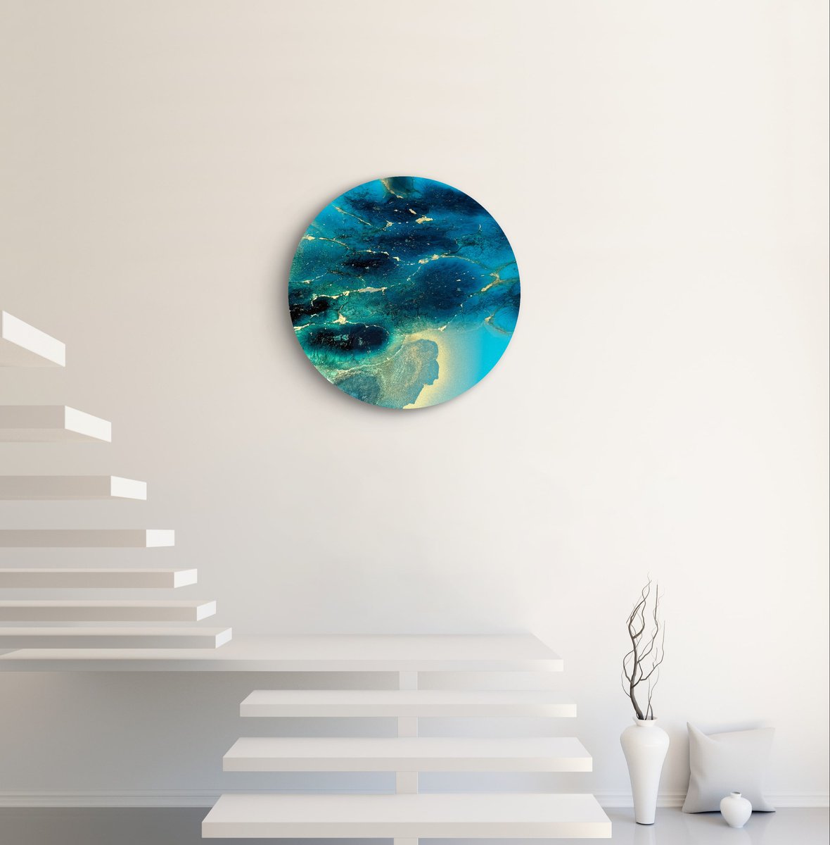 Organic Landscape Acrylic Painting By Ana Hefco, 20 X 20, Golden Halo, Blue Depth #1, Original Artwork