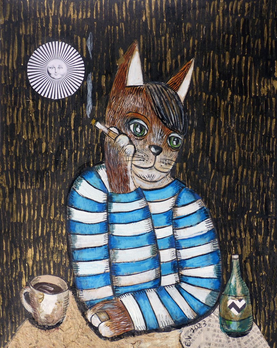 Naive Animal Painting By Elizabeth Vlasova, 11 X 14, Sailor At Home, Original Artwork