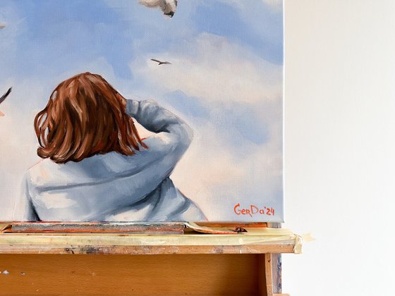 Girl and Flying Birds - Female Portrait Sky Painting
