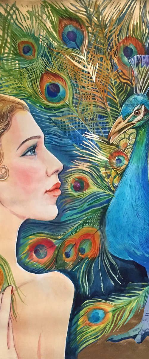 Girl with peacock. Art Deco woman portrait. Interior portrait by Natalia Veyner