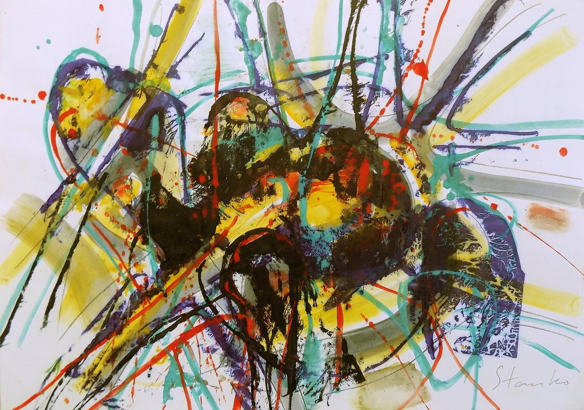 Abstract Acrylic Painting By Stanislav Bojankov, 28 X 20", Improvisation-Lx, Original Artwork