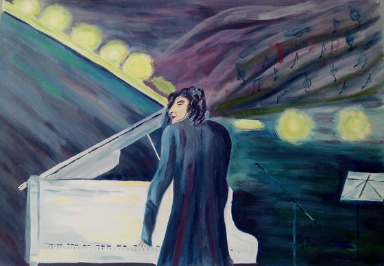 Jazz Painting Music Original Art Pianist Artwork Piano Musician Wall Art 24 by 17" by Halyna Kirichenko