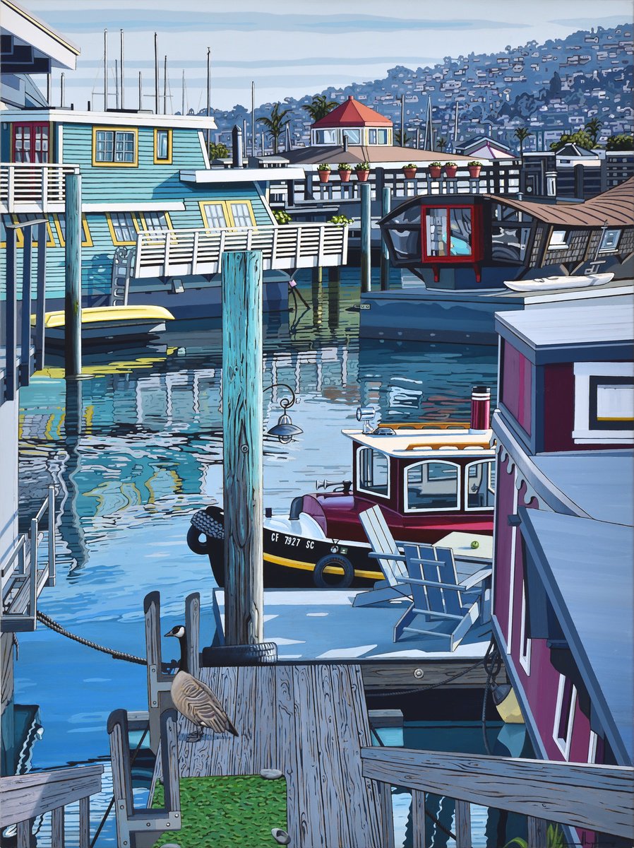 Houseboats And A Goose By Alex Nizovsky, 30 X 40, Artwork For Sale On Artfinder