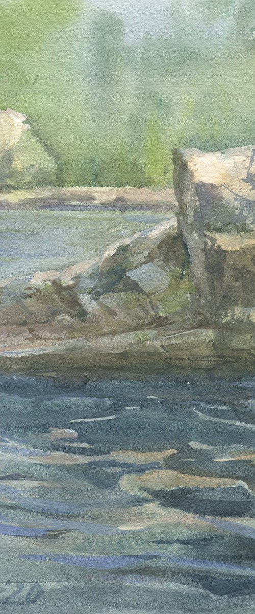 Bohuslav rocks. Deep blue water / Summer sketch. Original watercolor painting by Olha Malko