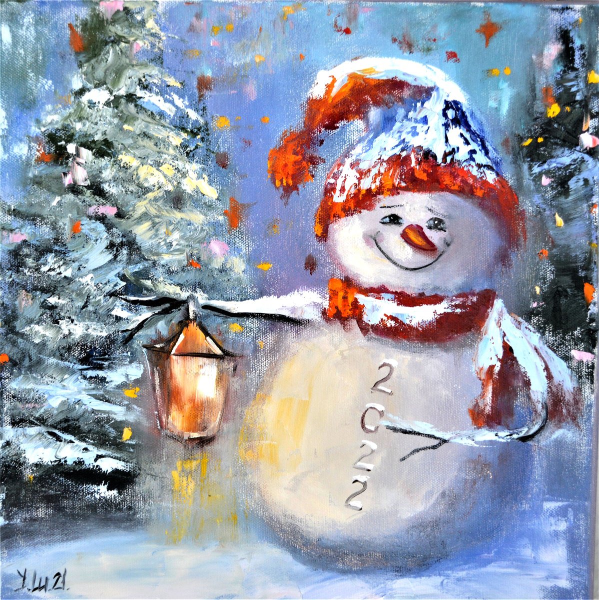 Impressionistic Landscape Oil Painting By Elena Lukina, 12 X 12, Happy Snowman, Original Artwork