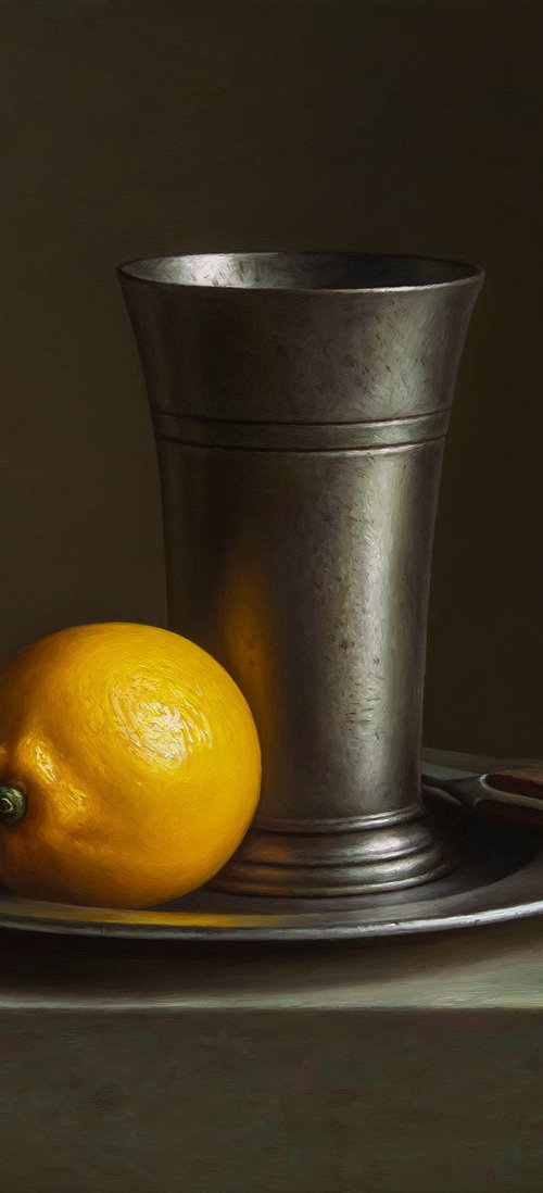 Lemon with a pewter beaker by Albert Kechyan