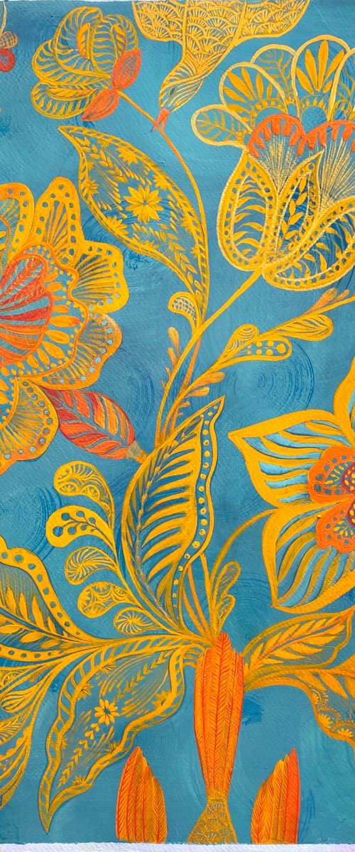 Flower modern, golden flower on a turquoise background by Tetiana Savchenko