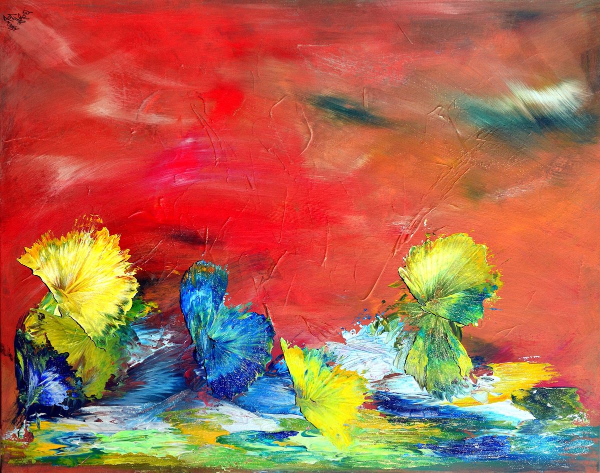 Abstract Acrylic Painting By Isabelle Vobmann, 36 X 29, Flowers Fantasy, Original Artwork